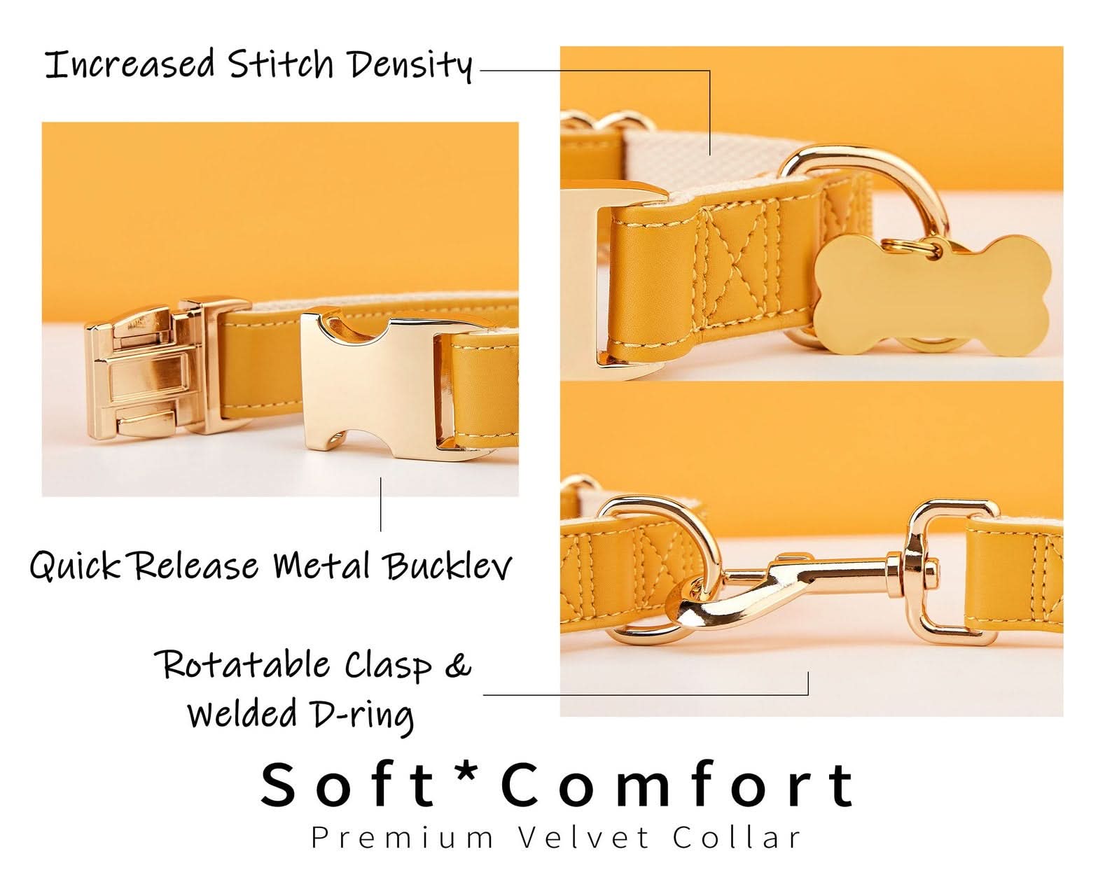 Caramel Waterproof PU Leather Dog Collar & Leash Set | Solid Design | Engraved Metal Buckle Plate + Free Name Tag | Wedding Puppy Gift - AmyEngraved