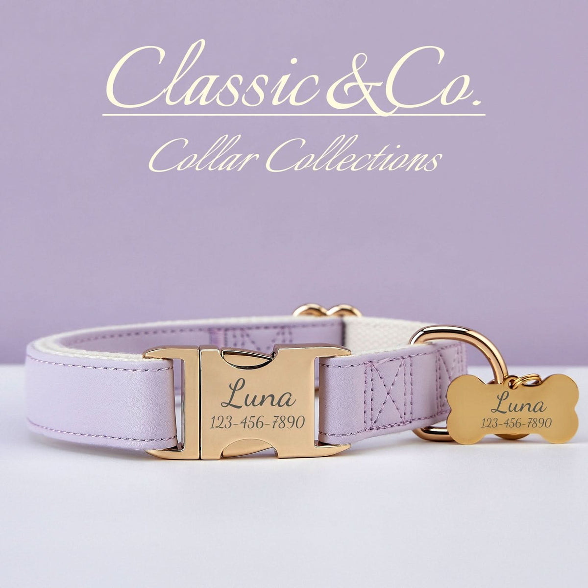 Lilac Waterproof PU Leather Dog Collar & Leash Set | Solid Purple | Free Engraved Metal Buckle Name Tag | Wedding Puppy Gift - AmyEngraved