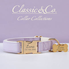 Lilac Waterproof PU Leather Dog Collar & Leash Set | Solid Purple | Free Engraved Metal Buckle Name Tag | Wedding Puppy Gift - AmyEngraved