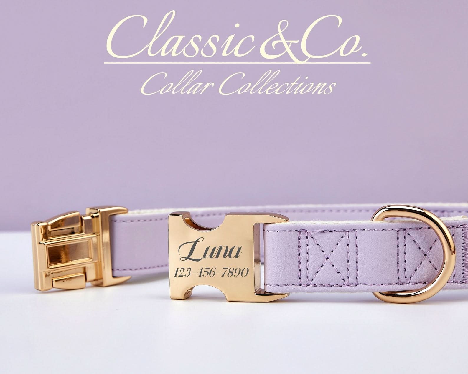 Lilac Waterproof PU Leather Dog Collar & Leash Set | Solid Purple | Free Engraved Metal Buckle Name Tag | Wedding Puppy Gift - AmyEngraved