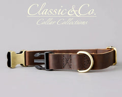 Genuine Cowhide Leather Dog Collar & Leash Set | Solid Dark Brown | Engraved Metal Buckle + Free Name Tag | Wedding Puppy Gift - AmyEngraved