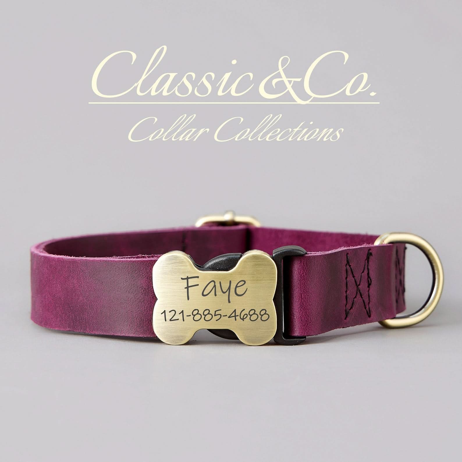 Genuine Cowhide Leather Dog Collar & Leash Set | Solid Purple | Engraved Metal Buckle + Free Name Tag | Wedding Puppy Gift - AmyEngraved