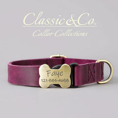 Genuine Cowhide Leather Dog Collar & Leash Set | Solid Purple | Engraved Metal Buckle + Free Name Tag | Wedding Puppy Gift - AmyEngraved
