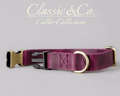 Genuine Cowhide Leather Dog Collar & Leash Set | Solid Purple | Engraved Metal Buckle + Free Name Tag | Wedding Puppy Gift - AmyEngraved