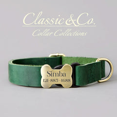 Genuine Cowhide Leather Dog Collar & Leash Set | Solid Green | Engraved Metal Buckle + Free Name Tag | Wedding Puppy Gift - AmyEngraved