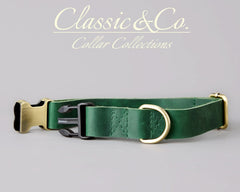 Genuine Cowhide Leather Dog Collar & Leash Set | Solid Green | Engraved Metal Buckle + Free Name Tag | Wedding Puppy Gift - AmyEngraved