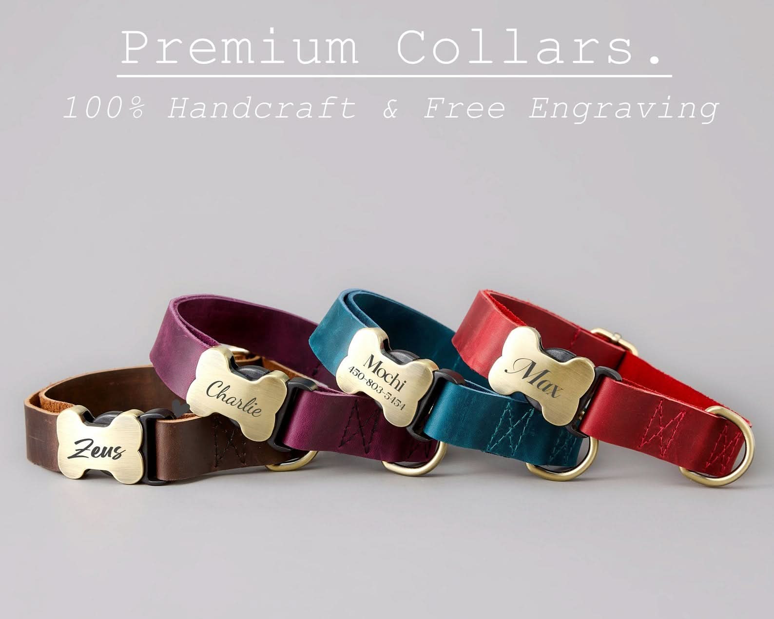 Genuine Cowhide Leather Dog Collar & Leash Set | Solid Purple | Engraved Metal Buckle + Free Name Tag | Wedding Puppy Gift - AmyEngraved