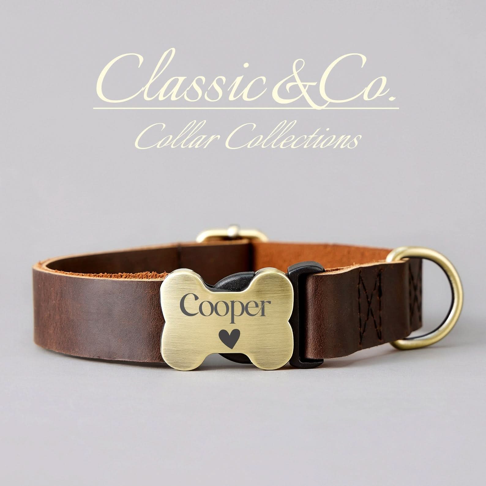 Genuine Cowhide Leather Dog Collar & Leash Set | Solid Dark Brown | Engraved Metal Buckle + Free Name Tag | Wedding Puppy Gift - AmyEngraved