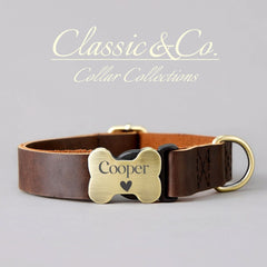 Genuine Cowhide Leather Dog Collar & Leash Set | Solid Dark Brown | Engraved Metal Buckle + Free Name Tag | Wedding Puppy Gift - AmyEngraved