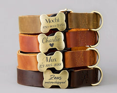Genuine Cowhide Leather Dog Collar & Leash Set | Solid Dark Brown | Engraved Metal Buckle + Free Name Tag | Wedding Puppy Gift - AmyEngraved