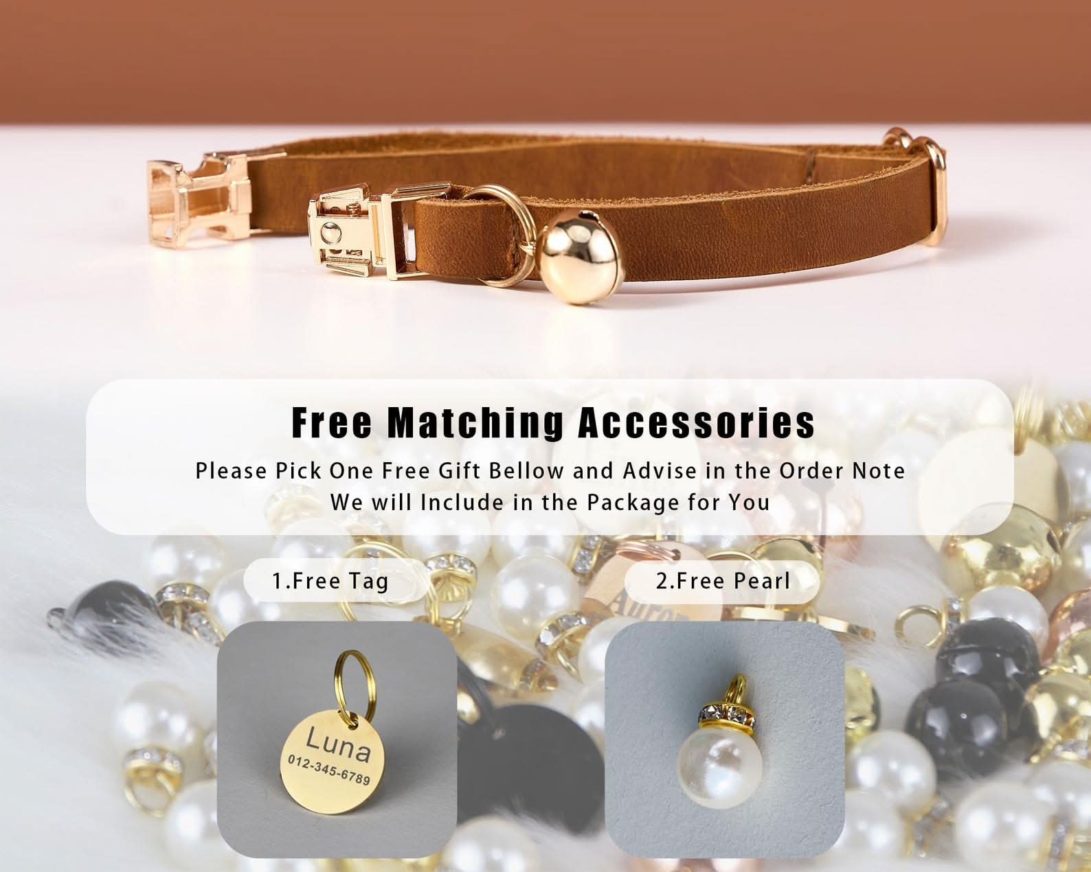 Genuine Leather Engraved Cat Collar with Bell | Personalized Kitten Collar with ID Tag or Name | Brown, Tan & Orange - AmyEngraved