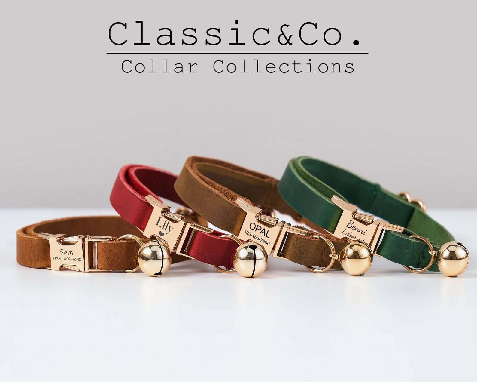 Genuine Leather Engraved Cat Collar with Bell | Personalized Kitten Collar with ID Tag or Name | Brown, Tan & Orange - AmyEngraved