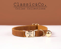 Genuine Leather Engraved Cat Collar with Bell | Personalized Kitten Collar with ID Tag or Name | Brown, Tan & Orange - AmyEngraved