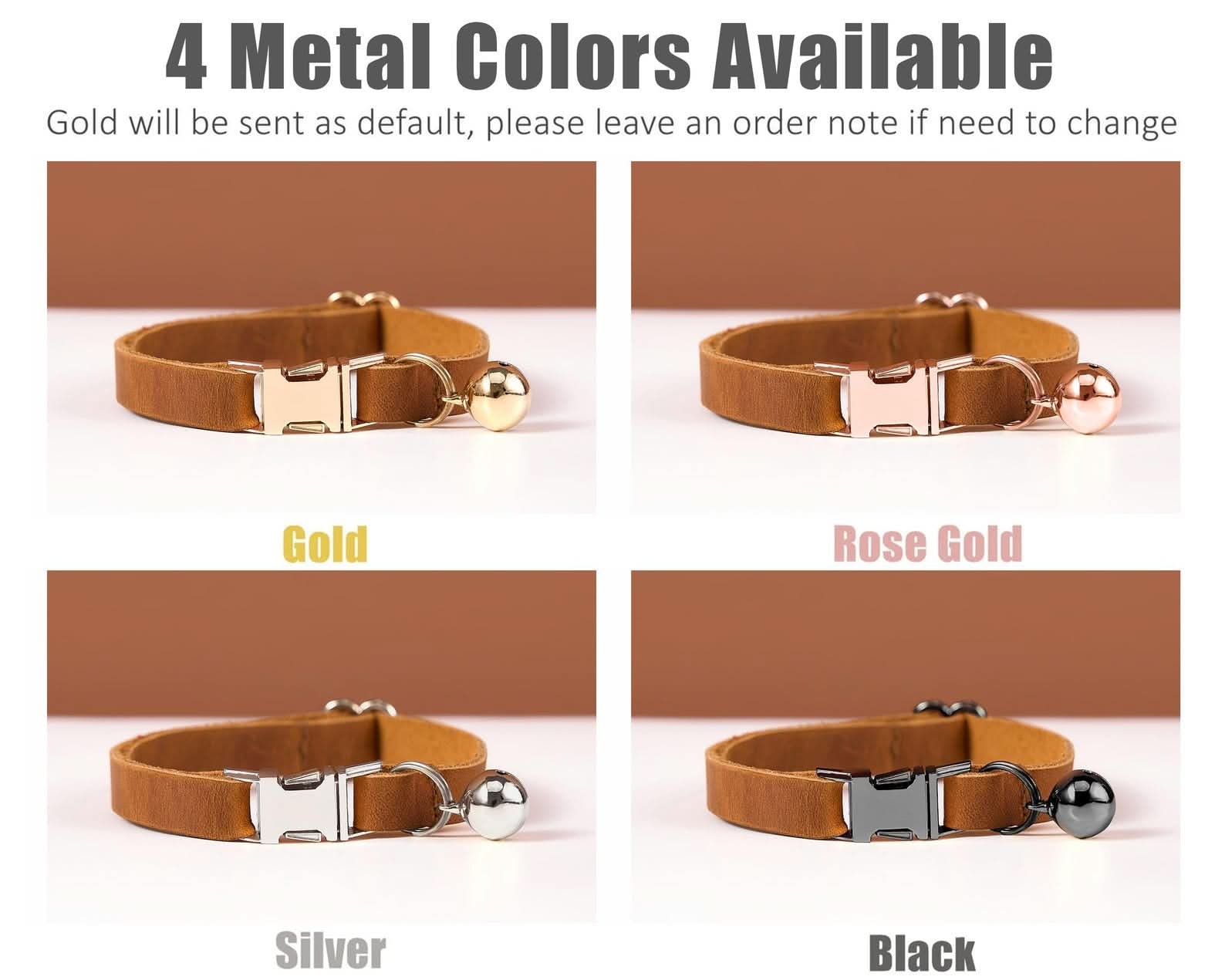 Genuine Leather Engraved Cat Collar with Bell | Personalized Kitten Collar with ID Tag or Name | Brown, Tan & Orange - AmyEngraved