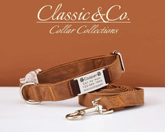 Personalized Suede Leather Dog Collar with Leash | Brown Silent Pet Collar | Engraved Name with Detachable Metal Tag | Custom Cat Collar - AmyEngraved