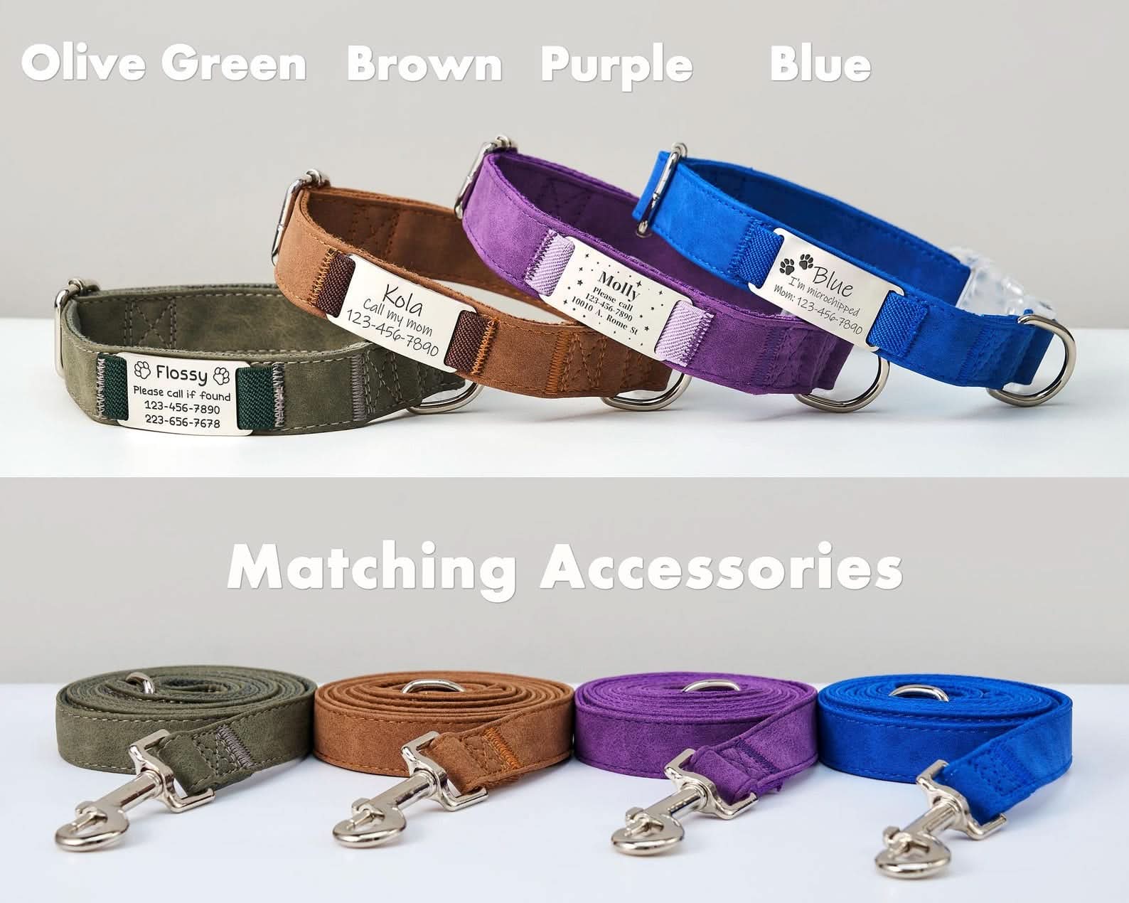 Personalized Suede Leather Dog Collar with Leash | Brown Silent Pet Collar | Engraved Name with Detachable Metal Tag | Custom Cat Collar - AmyEngraved
