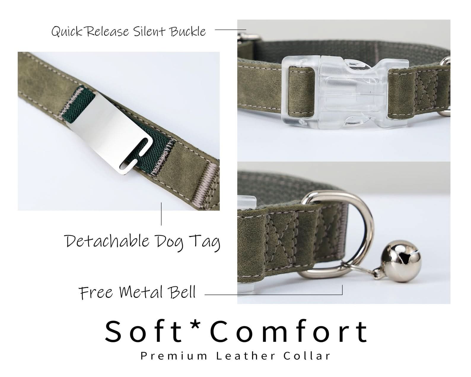 Custom Suede Leather Dog Collar with Leash | Olive Green Silent Pet Collar | Engraved Name with Detachable Metal Tag | Personalized Cat Collar - AmyEngraved
