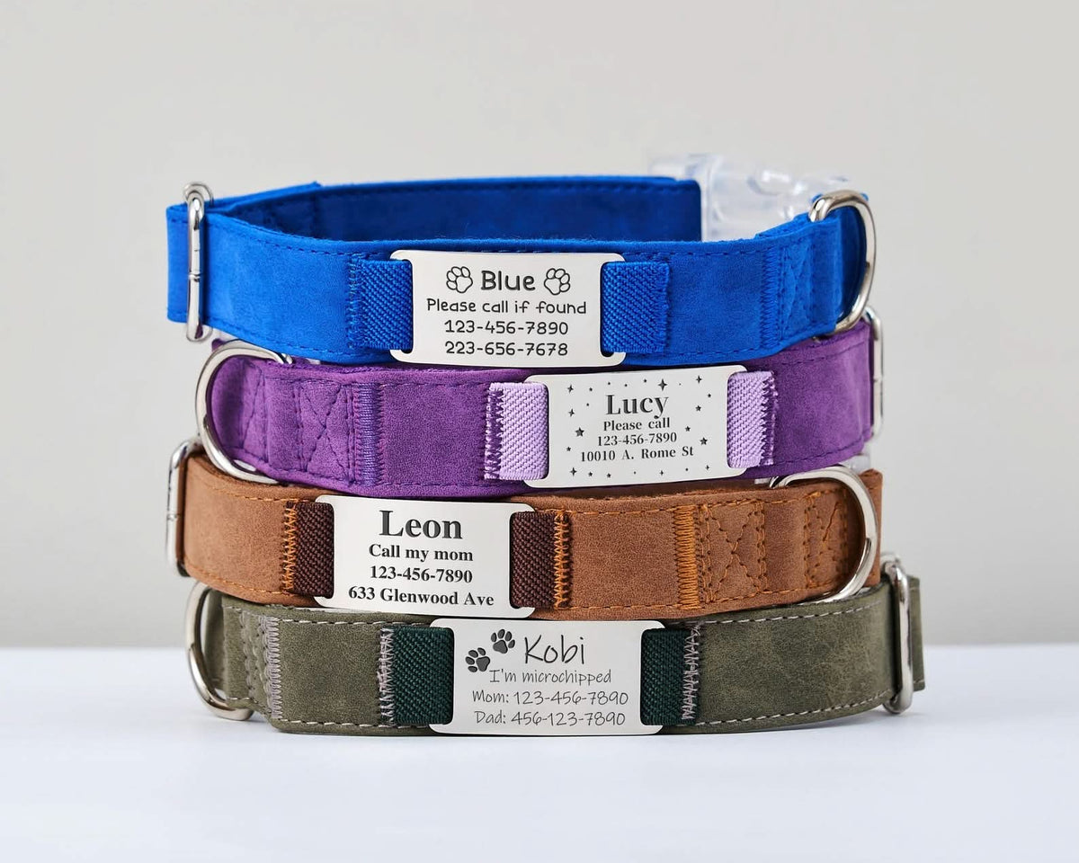 Personalized Suede Leather Dog Collar with Leash | Brown Silent Pet Collar | Engraved Name with Detachable Metal Tag | Custom Cat Collar - AmyEngraved