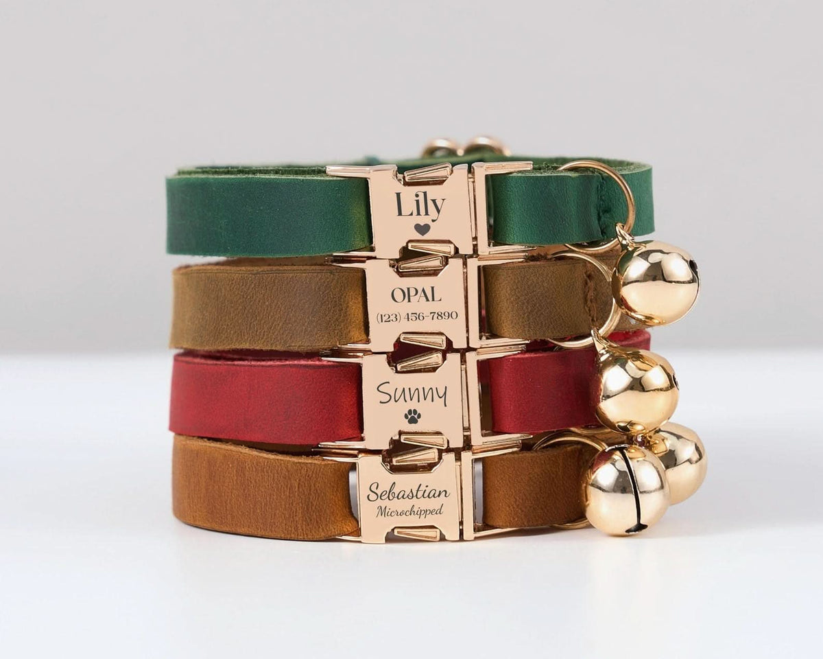 Genuine Leather Engraved Cat Collar with Bell | Personalized Kitten Collar with ID Tag or Name | Brown, Tan & Orange - AmyEngraved