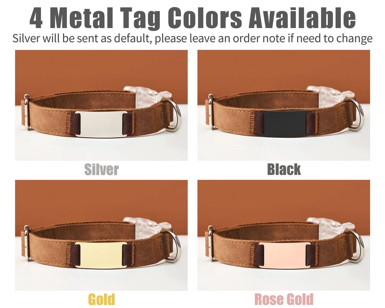 Personalized Suede Leather Dog Collar with Leash | Brown Silent Pet Collar | Engraved Name with Detachable Metal Tag | Custom Cat Collar - AmyEngraved