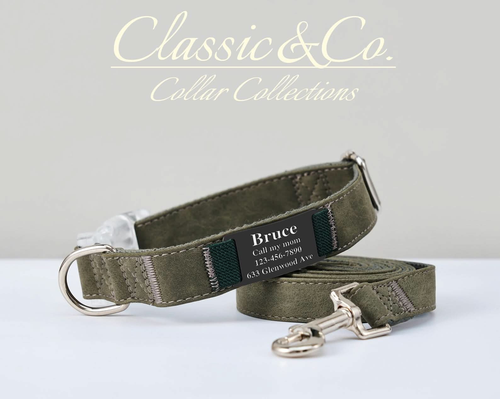 Custom Suede Leather Dog Collar with Leash | Olive Green Silent Pet Collar | Engraved Name with Detachable Metal Tag | Personalized Cat Collar - AmyEngraved