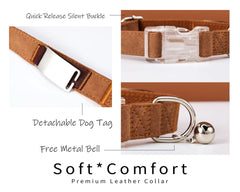Personalized Suede Leather Dog Collar with Leash | Brown Silent Pet Collar | Engraved Name with Detachable Metal Tag | Custom Cat Collar - AmyEngraved