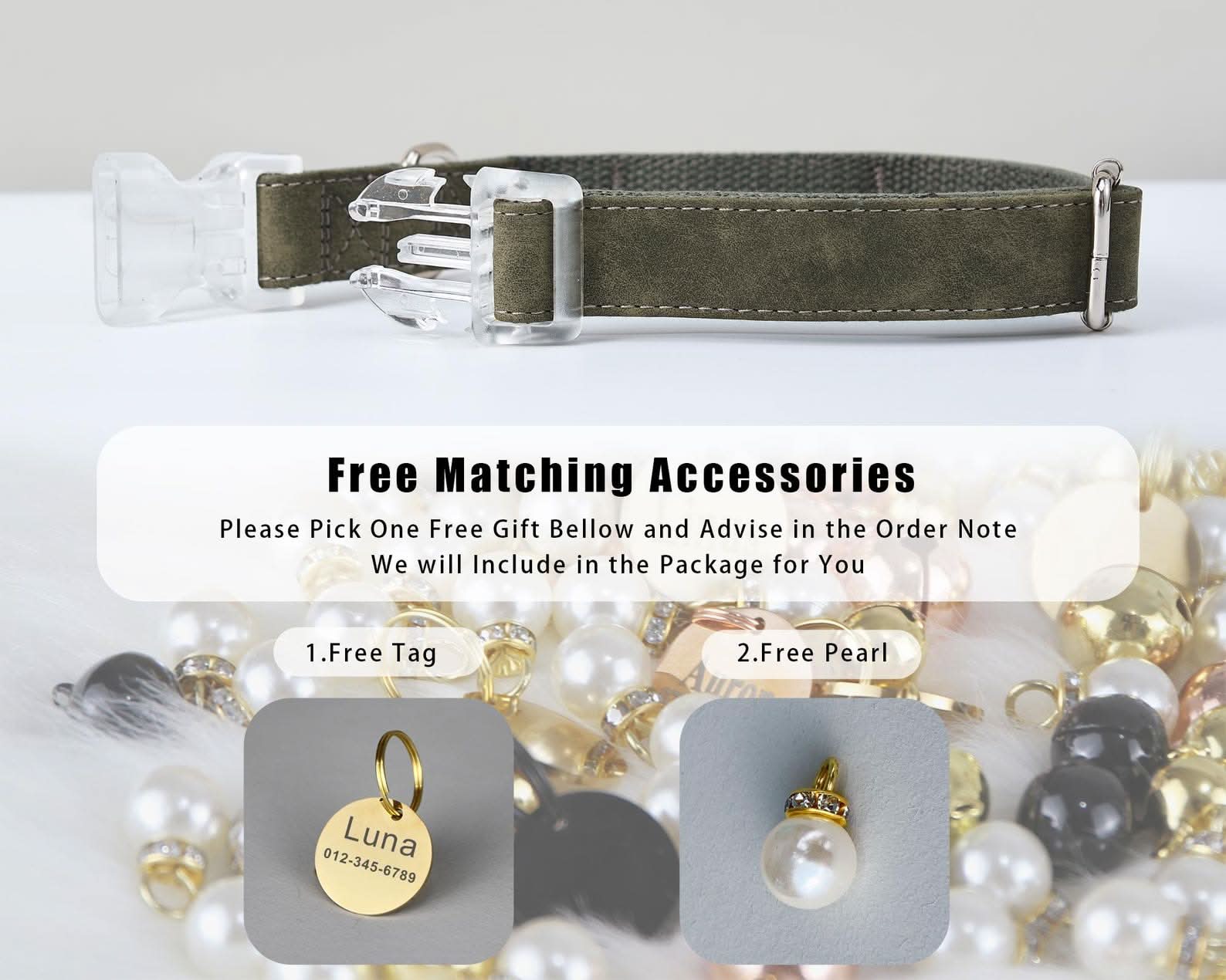 Custom Suede Leather Dog Collar with Leash | Olive Green Silent Pet Collar | Engraved Name with Detachable Metal Tag | Personalized Cat Collar - AmyEngraved