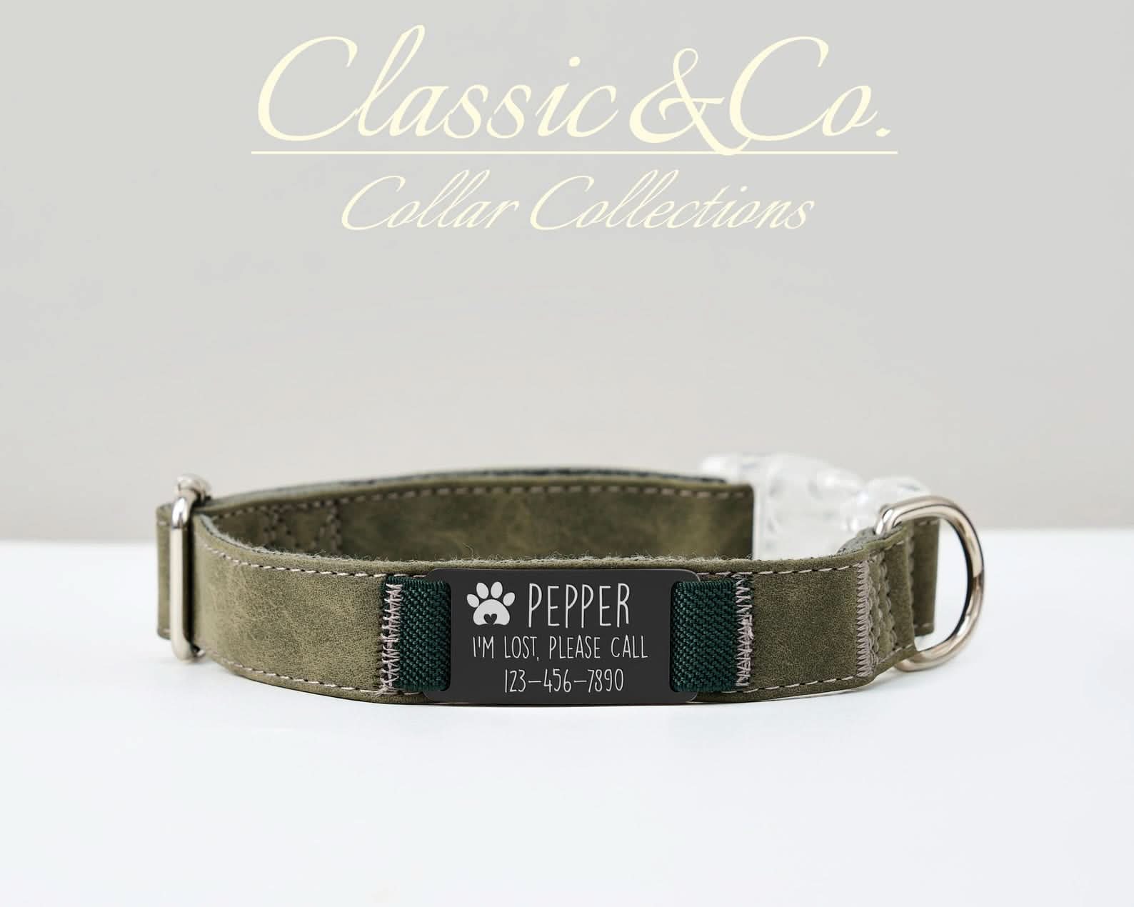 Custom Suede Leather Dog Collar with Leash | Olive Green Silent Pet Collar | Engraved Name with Detachable Metal Tag | Personalized Cat Collar - AmyEngraved