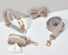 Grey Velvet Dog Harness and Leash Set | Personalized No Pull Step In Puppy Harness, Collar, Bowtie, and Poop Bag Holder | Wedding Pet Bundle - AmyEngraved