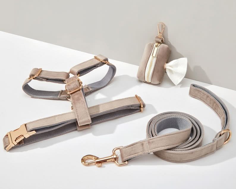 Grey Velvet Dog Harness and Leash Set | Personalized No Pull Step In Puppy Harness, Collar, Bowtie, and Poop Bag Holder | Wedding Pet Bundle - AmyEngraved