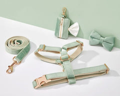 Sage Green Velvet Dog Harness and Leash Set | Personalized No Pull Step In Puppy Harness, Collar, Bowtie, and Poop Bag Holder | Wedding Pet Bundle - AmyEngraved