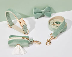 Sage Green Velvet Dog Harness and Leash Set | Personalized No Pull Step In Puppy Harness, Collar, Bowtie, and Poop Bag Holder | Wedding Pet Bundle - AmyEngraved