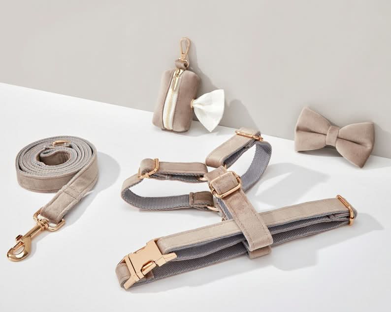 Grey Velvet Dog Harness and Leash Set | Personalized No Pull Step In Puppy Harness, Collar, Bowtie, and Poop Bag Holder | Wedding Pet Bundle - AmyEngraved