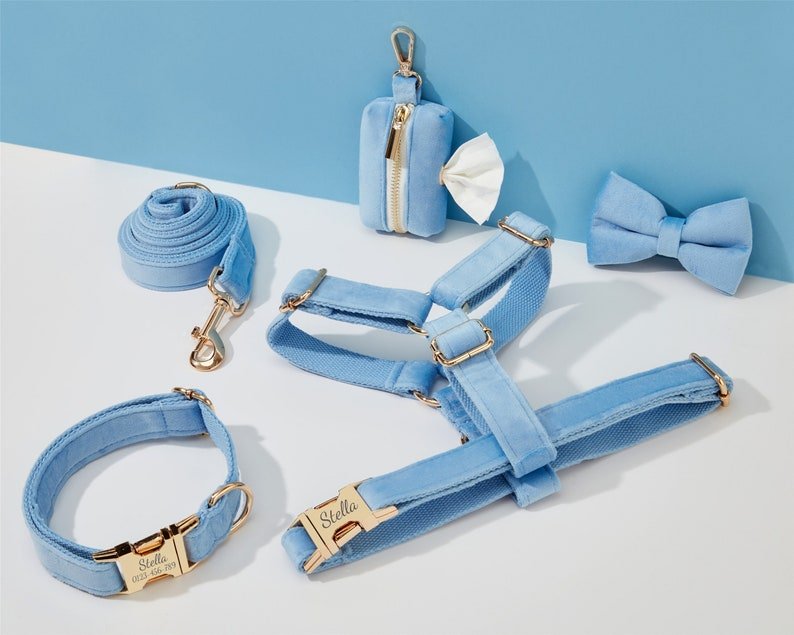 SkyBlue Velvet Dog Harness and Leash Set | Personalized No Pull Step In Puppy Harness, Collar, Bowtie, and Poop Bag Holder | Wedding Pet Bundle - AmyEngraved