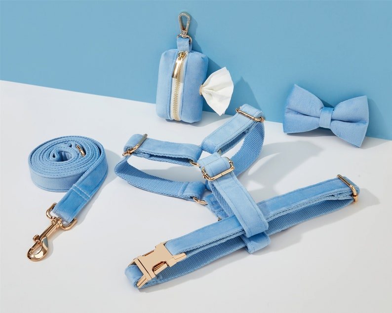 SkyBlue Velvet Dog Harness and Leash Set | Personalized No Pull Step In Puppy Harness, Collar, Bowtie, and Poop Bag Holder | Wedding Pet Bundle - AmyEngraved