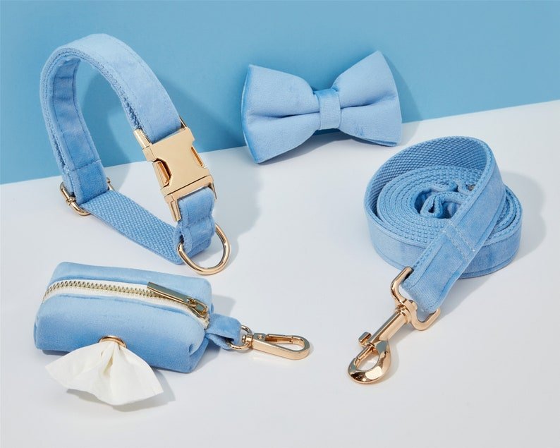 SkyBlue Velvet Dog Harness and Leash Set | Personalized No Pull Step In Puppy Harness, Collar, Bowtie, and Poop Bag Holder | Wedding Pet Bundle - AmyEngraved
