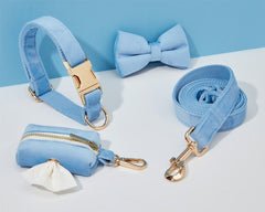 SkyBlue Velvet Dog Harness and Leash Set | Personalized No Pull Step In Puppy Harness, Collar, Bowtie, and Poop Bag Holder | Wedding Pet Bundle - AmyEngraved