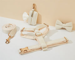 Cream Velvet Dog Harness and Leash Set | Personalized No Pull Step In Puppy Harness, Collar, Bowtie, and Poop Bag Holder | Wedding Pet Bundle - AmyEngraved