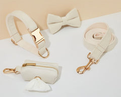 Cream Velvet Dog Harness and Leash Set | Personalized No Pull Step In Puppy Harness, Collar, Bowtie, and Poop Bag Holder | Wedding Pet Bundle - AmyEngraved