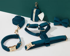 Teal Velvet Dog Harness and Leash Set | Personalized No Pull Step In Puppy Harness, Collar, Bowtie, and Poop Bag Holder | Wedding Pet Bundle - AmyEngraved