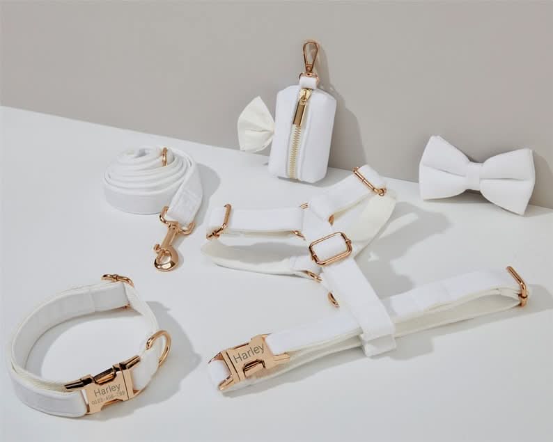 White Velvet Dog Harness and Leash Set | Personalized No Pull Step In Puppy Harness, Collar, Bowtie, and Poop Bag Holder | Wedding Pet Bundle - AmyEngraved