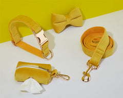 Yellow Velvet Dog Harness and Leash Set | Personalized No Pull Step In Puppy Harness, Collar, Bowtie, and Poop Bag Holder | Wedding Pet Bundle - AmyEngraved