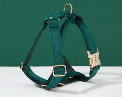 Emerald Velvet Dog Harness and Leash Set | Personalized No Pull Step In Puppy Harness, Collar, Bowtie, and Poop Bag Holder | Wedding Pet Bundle - AmyEngraved