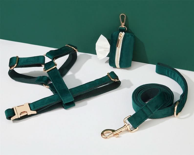 Emerald Velvet Dog Harness and Leash Set | Personalized No Pull Step In Puppy Harness, Collar, Bowtie, and Poop Bag Holder | Wedding Pet Bundle - AmyEngraved