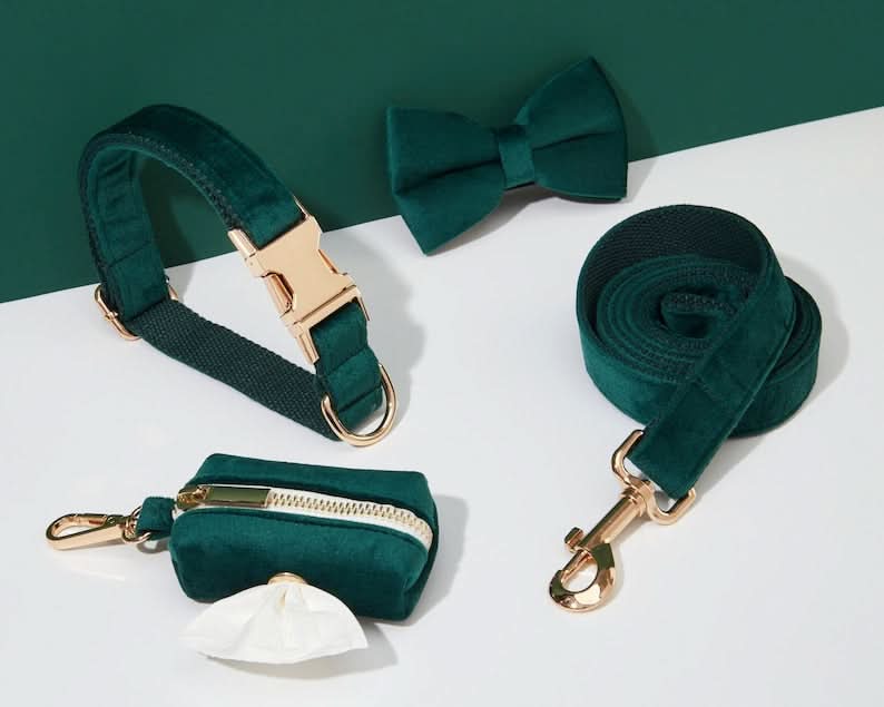 Emerald Velvet Dog Harness and Leash Set | Personalized No Pull Step In Puppy Harness, Collar, Bowtie, and Poop Bag Holder | Wedding Pet Bundle - AmyEngraved