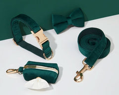 Emerald Velvet Dog Harness and Leash Set | Personalized No Pull Step In Puppy Harness, Collar, Bowtie, and Poop Bag Holder | Wedding Pet Bundle - AmyEngraved