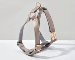 Grey Velvet Dog Harness and Leash Set | Personalized No Pull Step In Puppy Harness, Collar, Bowtie, and Poop Bag Holder | Wedding Pet Bundle - AmyEngraved