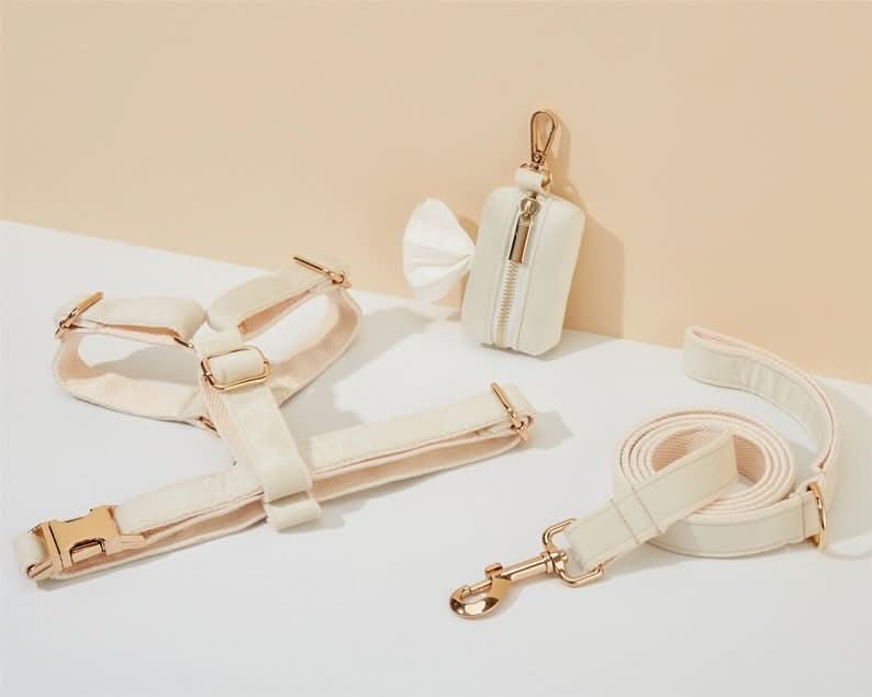 Cream Velvet Dog Harness and Leash Set | Personalized No Pull Step In Puppy Harness, Collar, Bowtie, and Poop Bag Holder | Wedding Pet Bundle - AmyEngraved