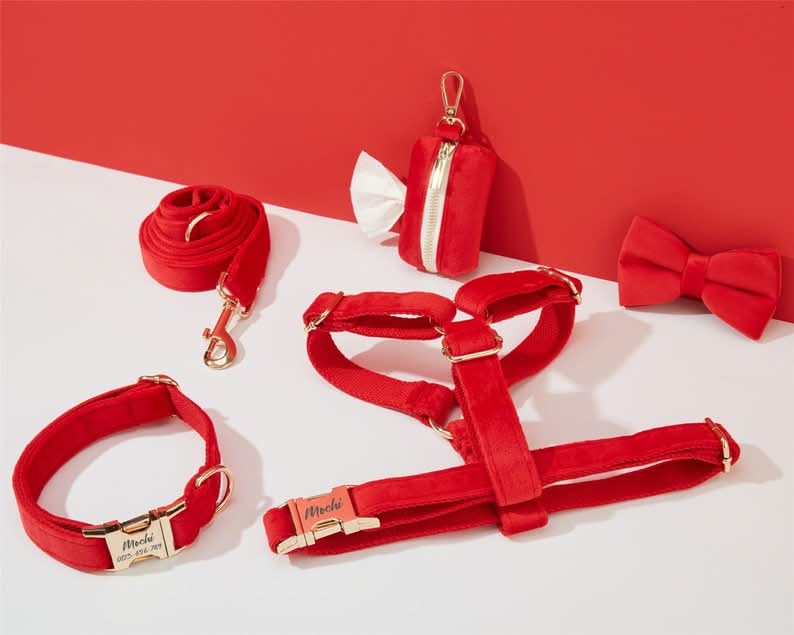 Red Velvet Dog Harness and Leash Set | Personalized No Pull Step In Puppy Harness, Collar, Bowtie, and Poop Bag Holder | Wedding Pet Bundle - AmyEngraved