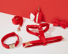 Red Velvet Dog Harness and Leash Set | Personalized No Pull Step In Puppy Harness, Collar, Bowtie, and Poop Bag Holder | Wedding Pet Bundle - AmyEngraved